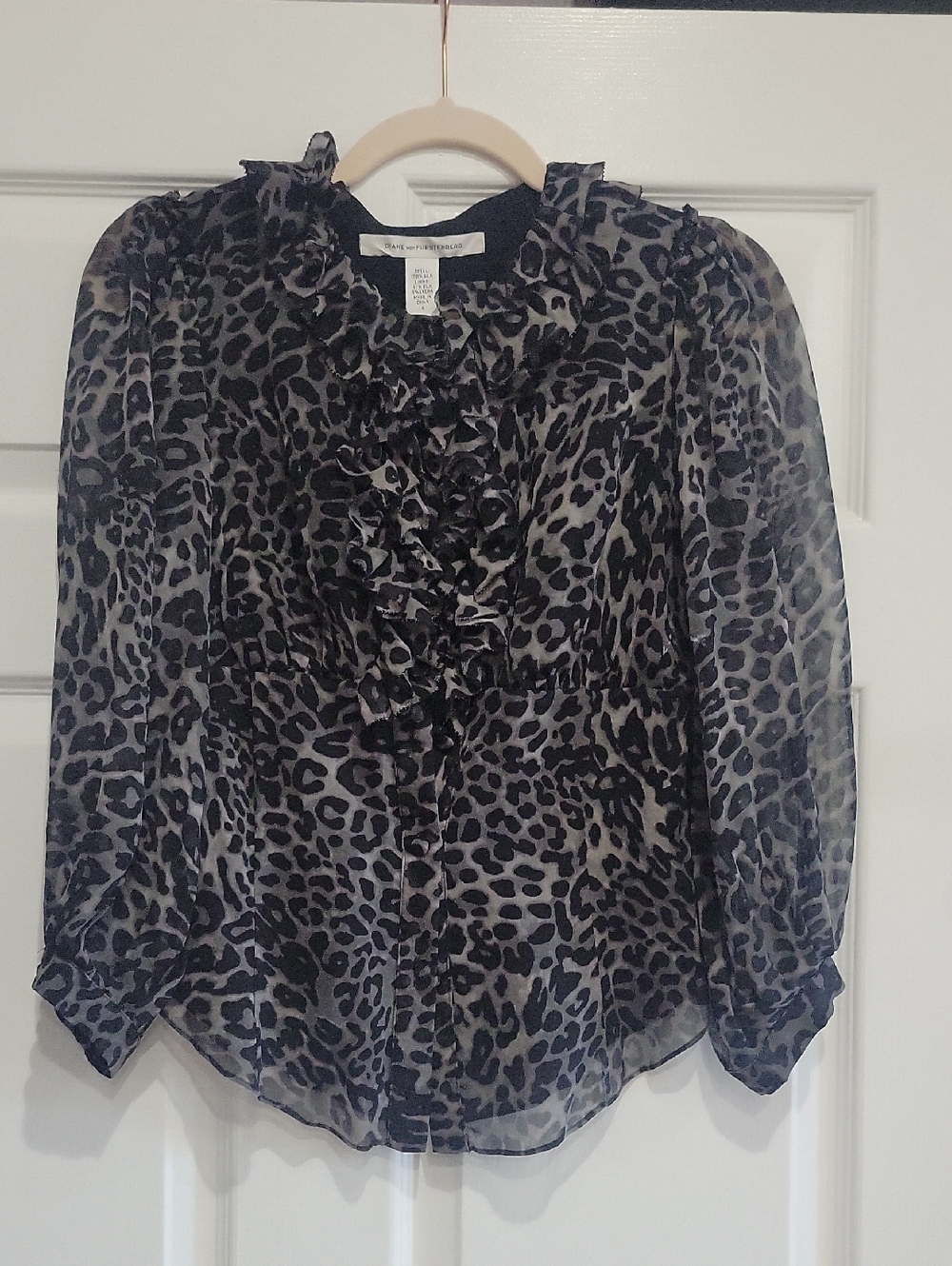 Diane Von Furstenberg Black & Gray Leopard Ruffle Blouse